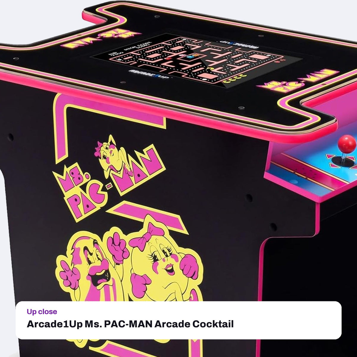Arcade1Up Ms. PAC-MAN Arcade Cocktail Table, close-up detail