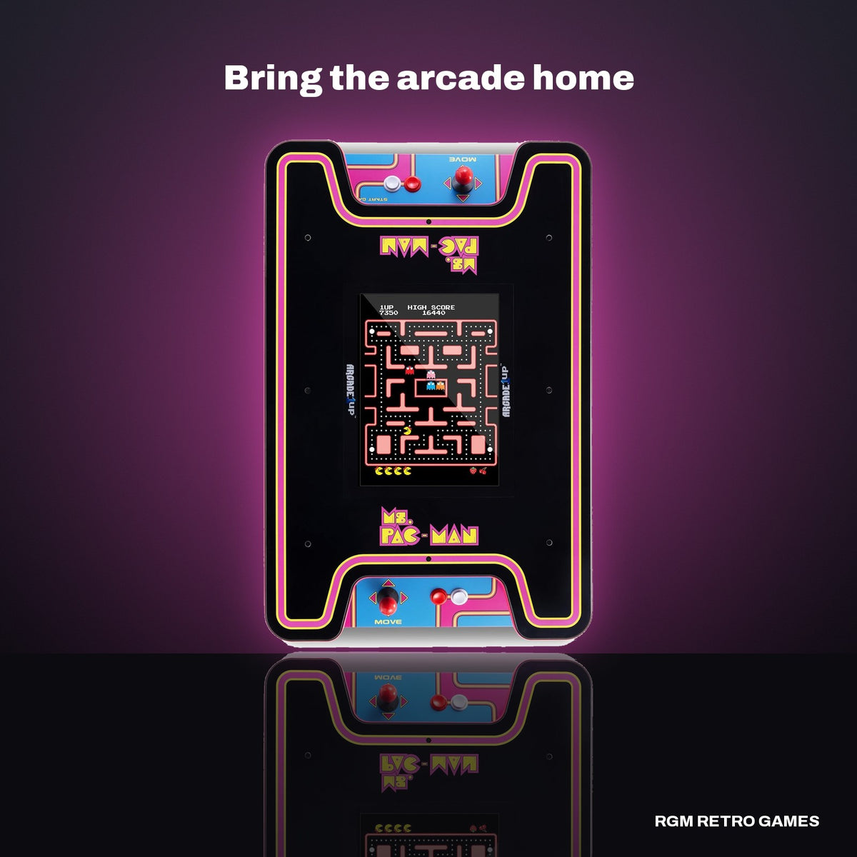 Arcade1Up Ms. PAC-MAN Arcade Cocktail Table in a dark studio setting