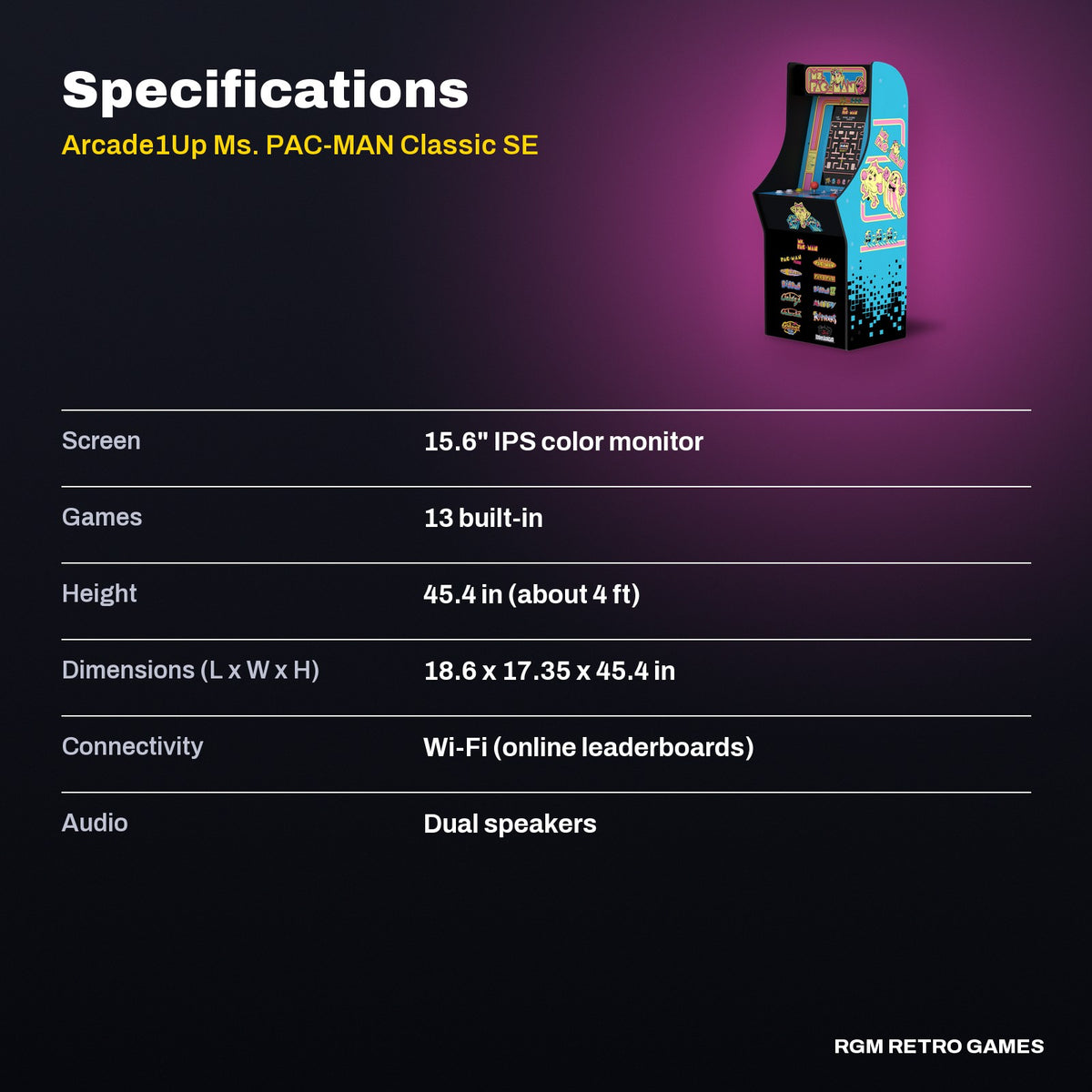Arcade1Up Ms. PAC-MAN Classic SE Arcade Machine specifications