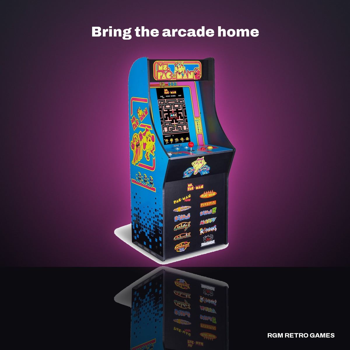 Arcade1Up Ms. PAC-MAN Classic SE Arcade Machine in a dark studio setting