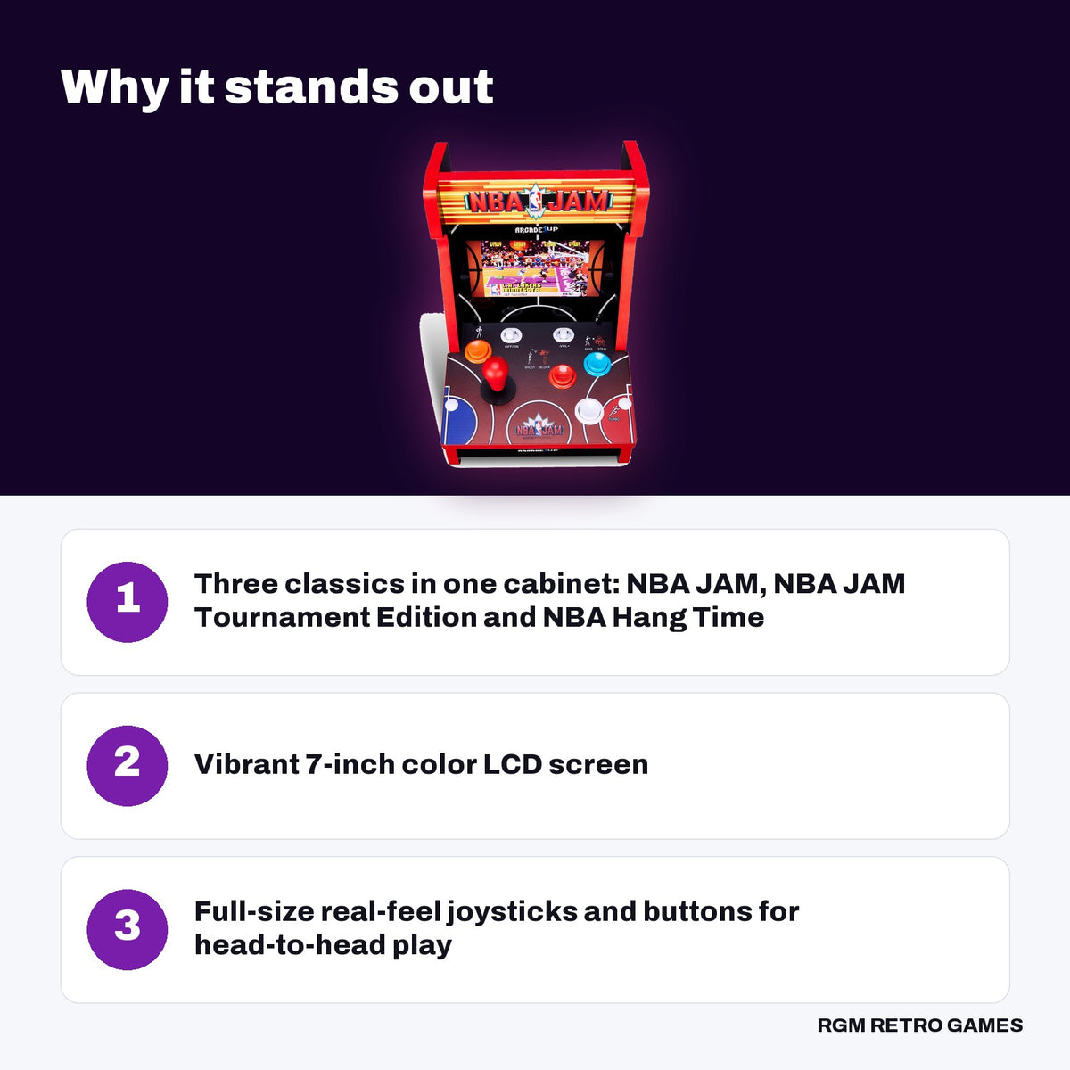 Arcade1Up NBA JAM Countercade (7" LCD, 3 Games, Light-Up Marquee) key features: Three classics in one cabinet: NBA JAM, NBA JAM Tournament Edition and NBA Hang Time, Vibrant 7-inch color LCD screen, Full-size real-feel joysticks and buttons for head-to-head play