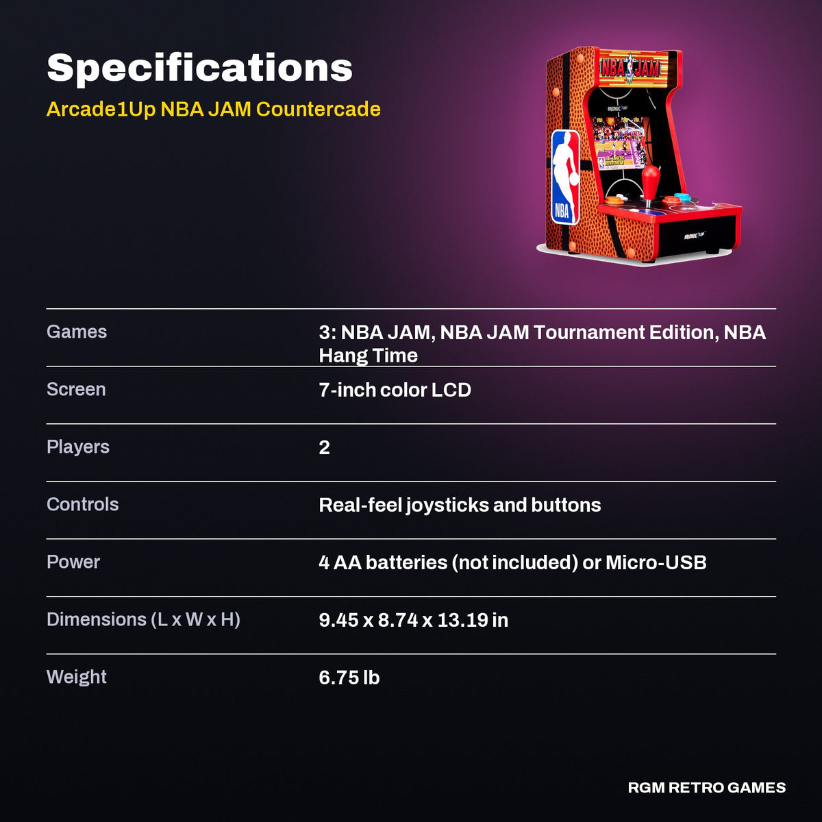 Arcade1Up NBA JAM Countercade (7" LCD, 3 Games, Light-Up Marquee) specifications