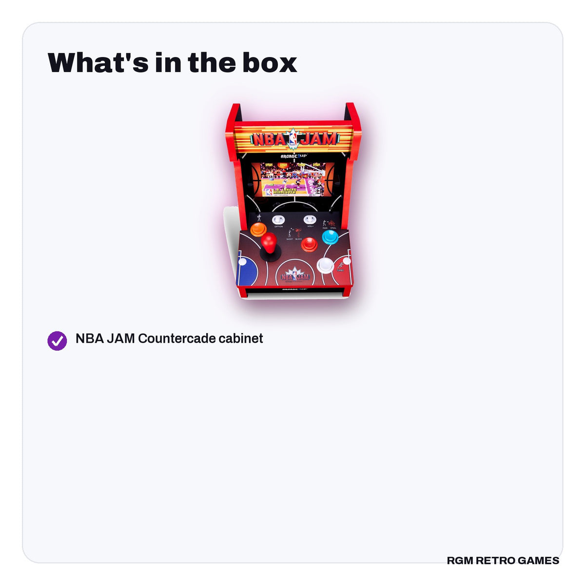 What's in the box with the Arcade1Up NBA JAM Countercade (7" LCD, 3 Games, Light-Up Marquee)