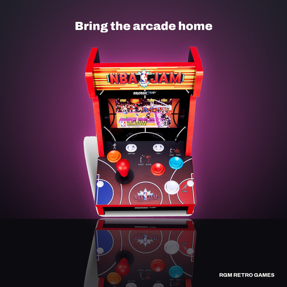 Arcade1Up NBA JAM Countercade (7" LCD, 3 Games, Light-Up Marquee) in a dark studio setting