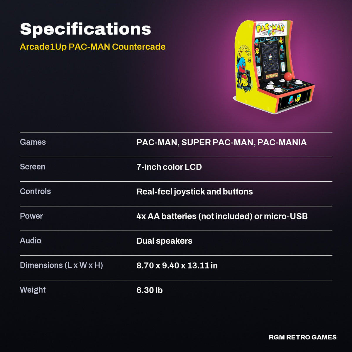 Arcade1Up PAC-MAN Countercade (3 games, 7-inch screen) specifications