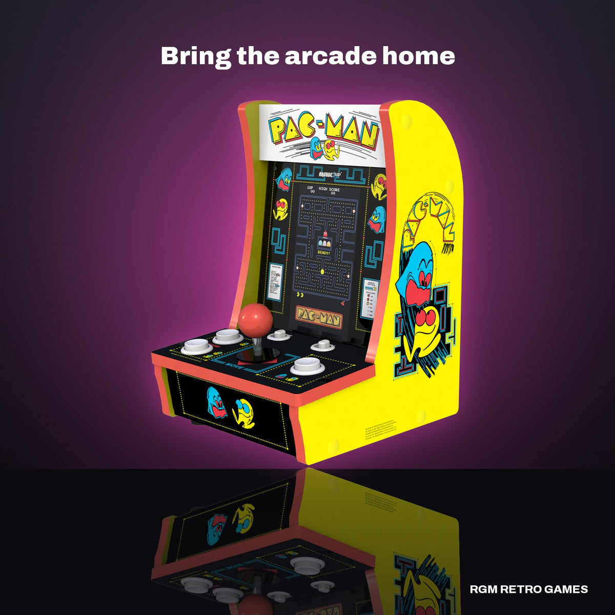 Arcade1Up PAC-MAN Countercade (3 games, 7-inch screen) in a dark studio setting