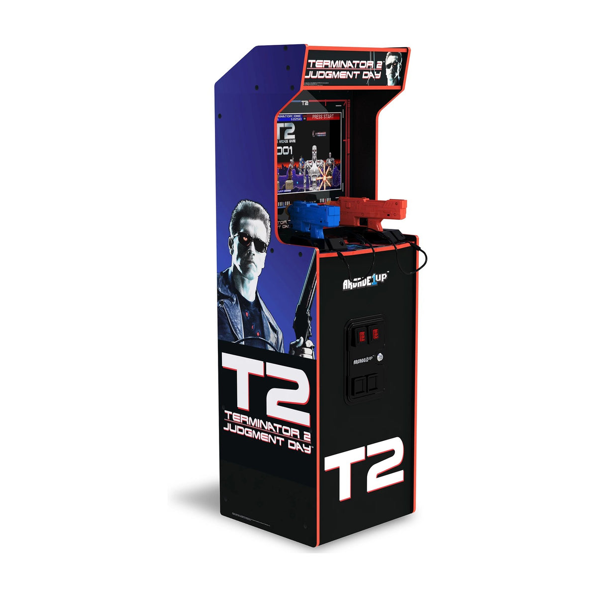 Arcade1Up Terminator 2 Deluxe Arcade Machine, front view on a white background