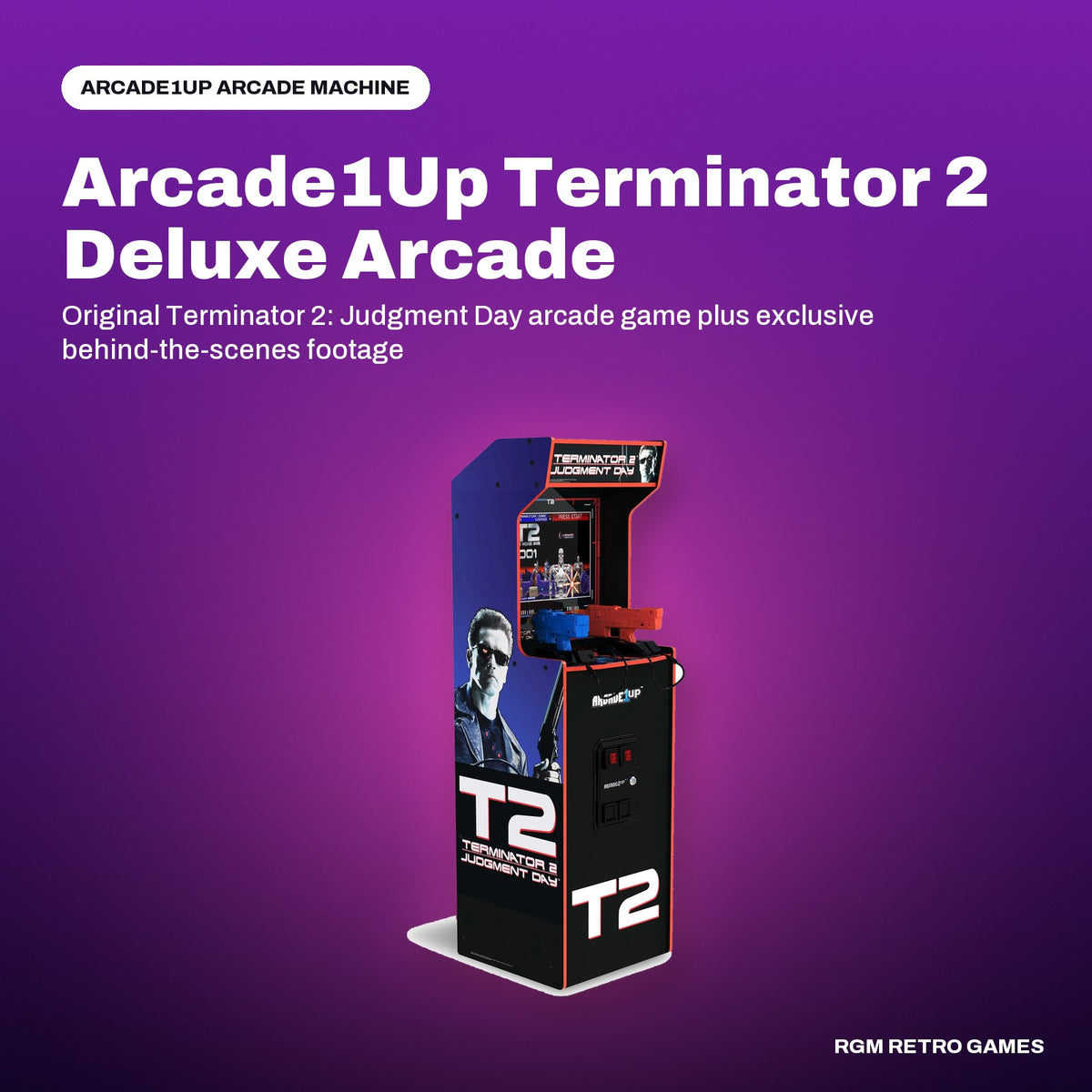 Arcade1Up Terminator 2 Deluxe Arcade Machine in a Arcade1Up color scene