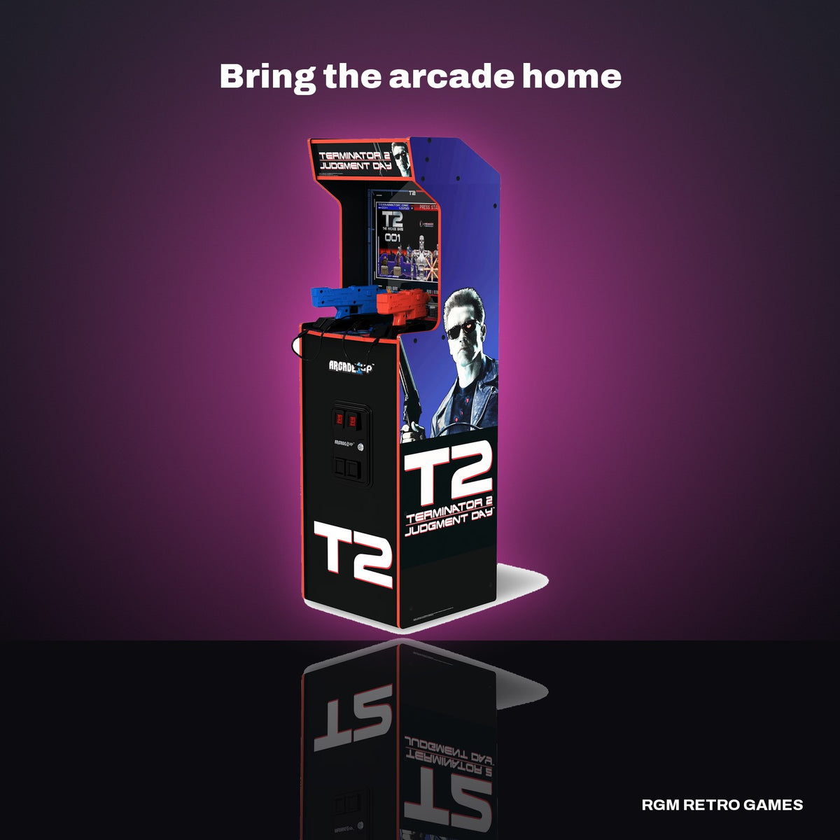 Arcade1Up Terminator 2 Deluxe Arcade Machine in a dark studio setting
