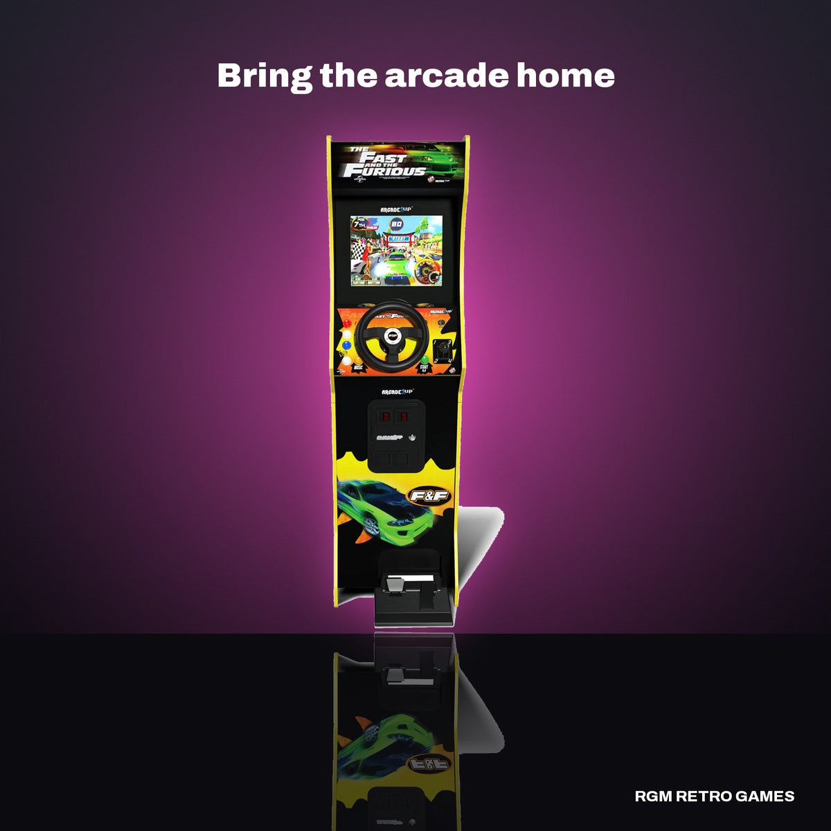 Arcade1Up The Fast & The Furious Deluxe Arcade Machine in a dark studio setting