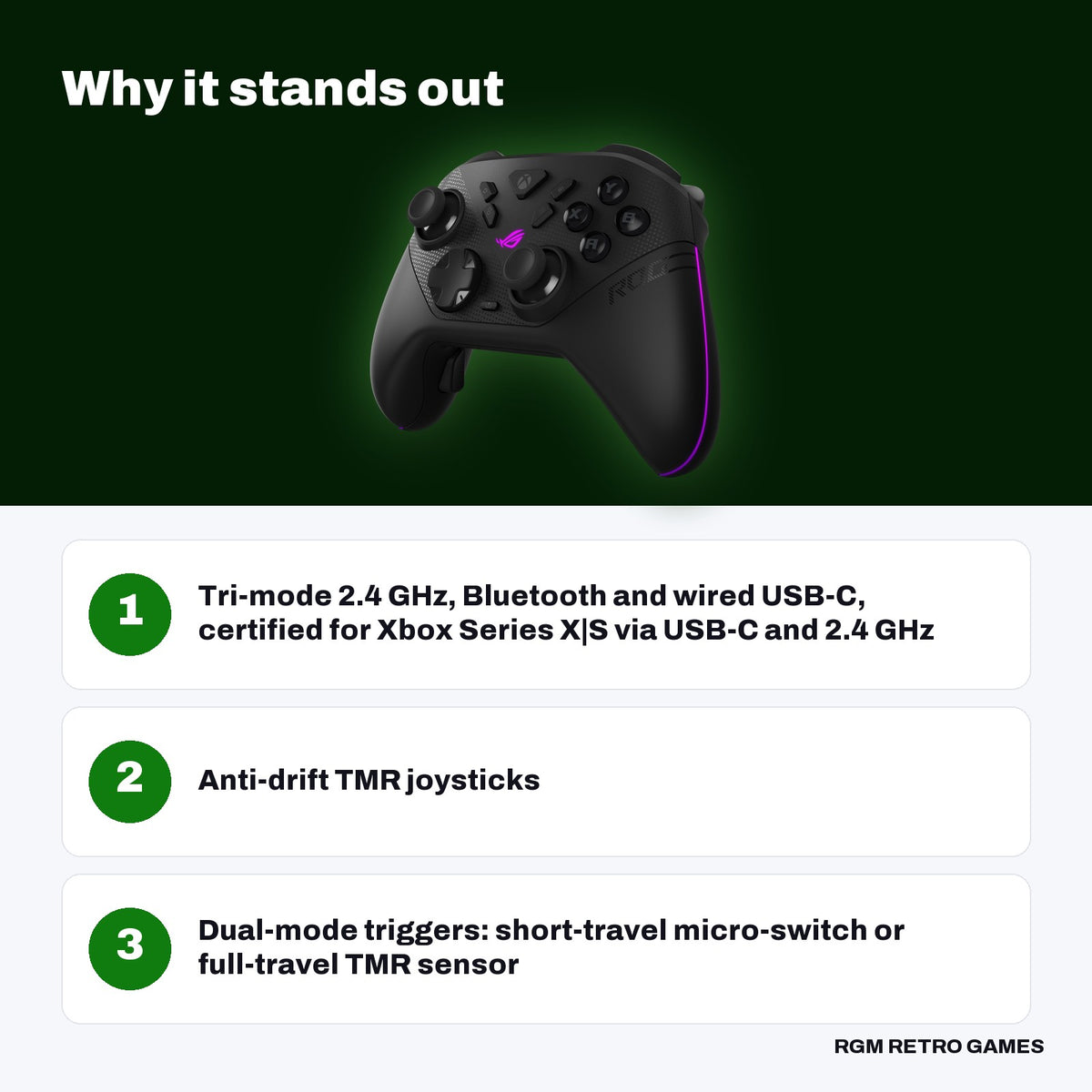 ASUS ROG Raikiri II Xbox Wireless Controller key features: Tri-mode 2.4 GHz, Bluetooth and wired USB-C, certified for Xbox Series X|S via USB-C and 2.4 GHz, Anti-drift TMR joysticks, Dual-mode triggers: short-travel micro-switch or full-travel TMR sensor