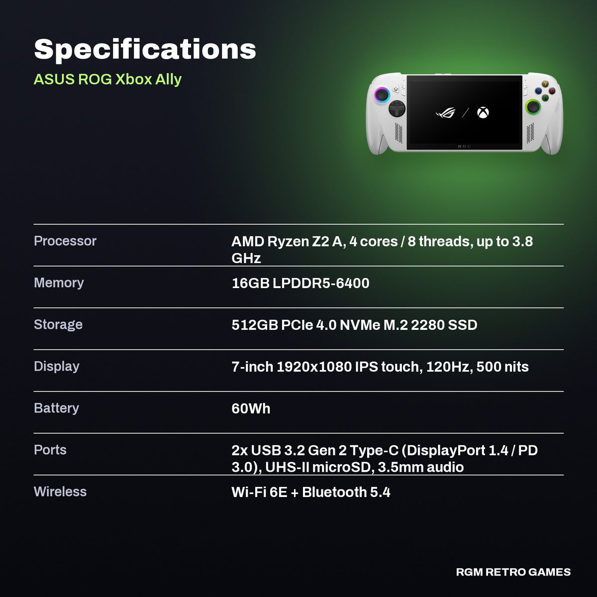 ASUS ROG Xbox Ally (2025) Gaming Handheld - AMD Ryzen Z2 A, 16GB, 512GB, White specifications