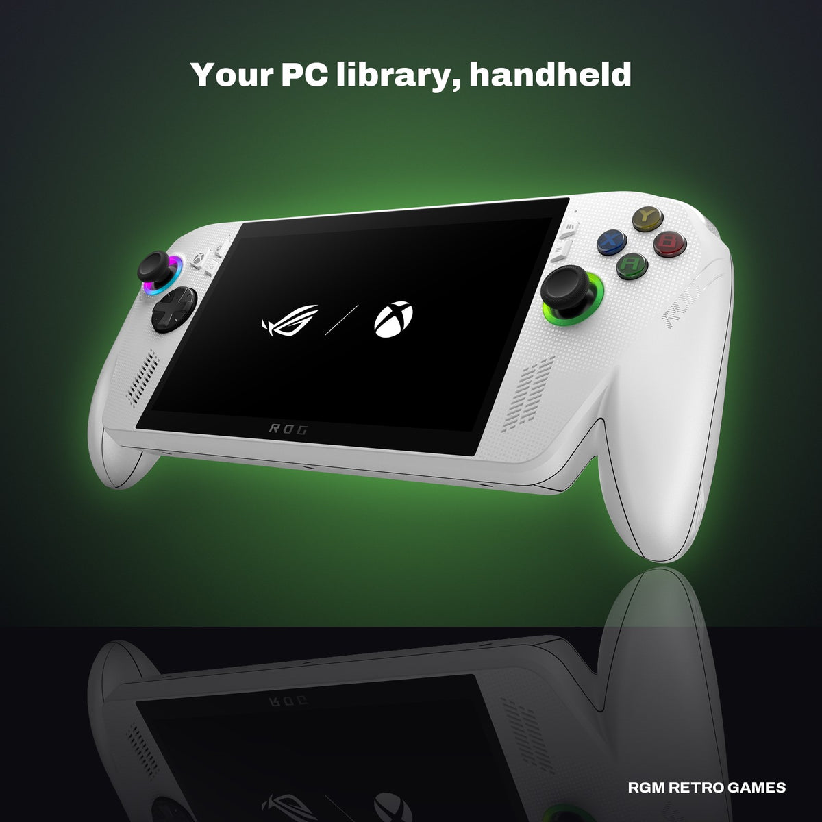 ASUS ROG Xbox Ally (2025) Gaming Handheld - AMD Ryzen Z2 A, 16GB, 512GB, White in a dark studio setting