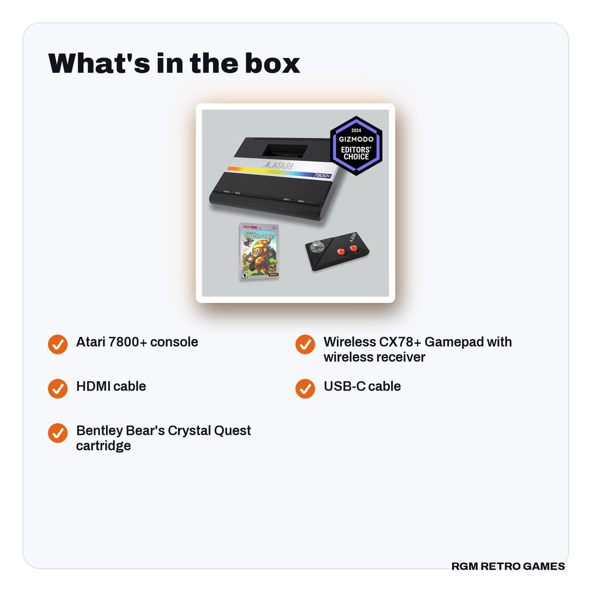 What's in the box with the Atari 7800+ Console & Wireless CX78+ Gamepad