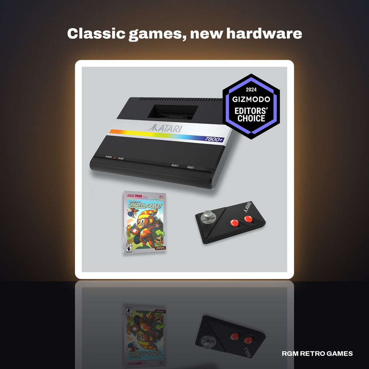 Atari 7800+ Console & Wireless CX78+ Gamepad in a dark studio setting