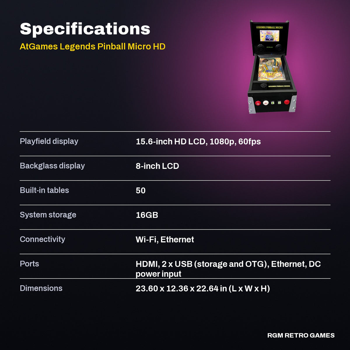 AtGames Legends Pinball Micro HD specifications
