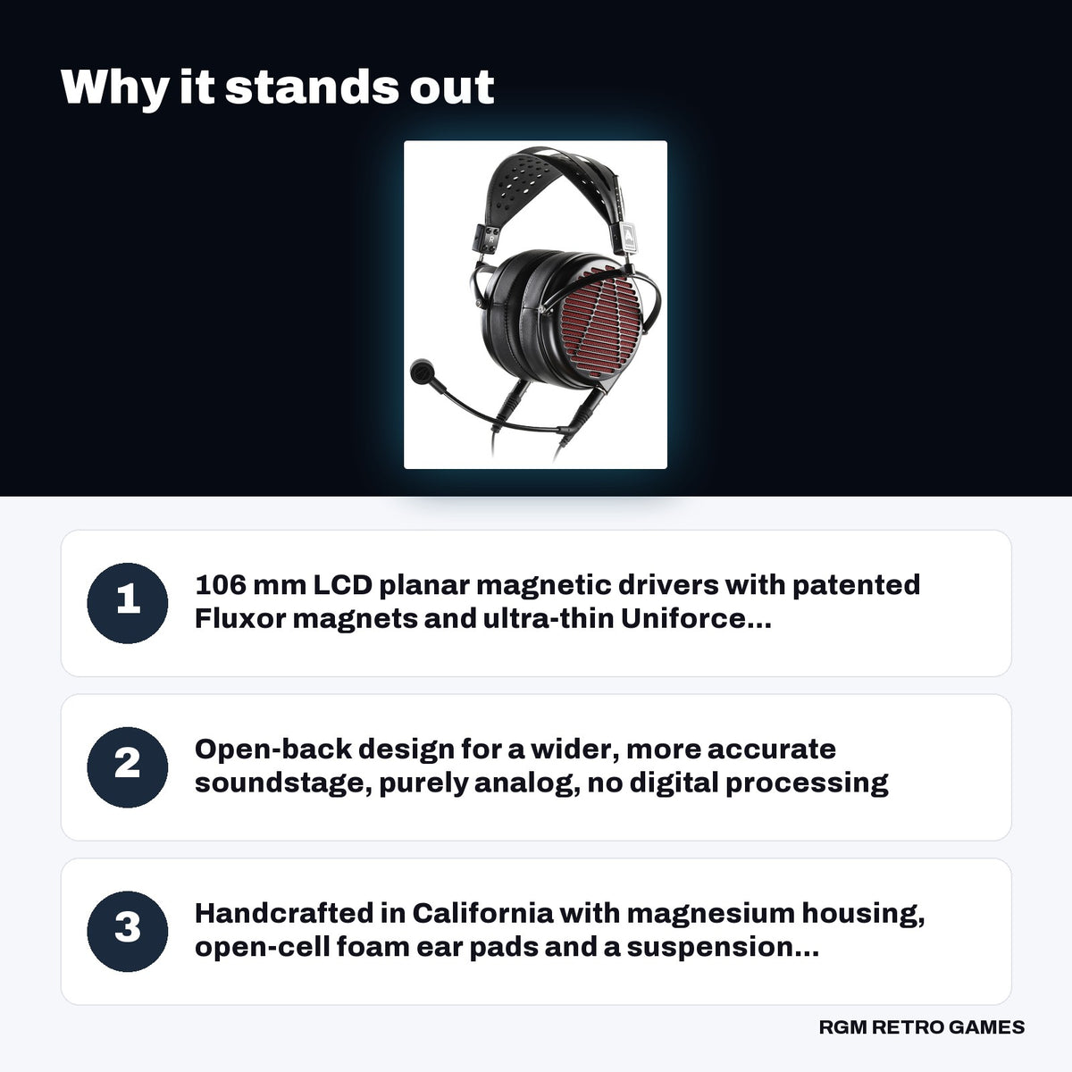 Audeze LCD-GX Open-Back Gaming Headset key features: 106 mm LCD planar magnetic drivers with patented Fluxor magnets and ultra-thin Uniforce..., Open-back design for a wider, more accurate soundstage, purely analog, no digital processing, Handcrafted in California with magnesium housing, open-cell foam ear pads and a suspension...