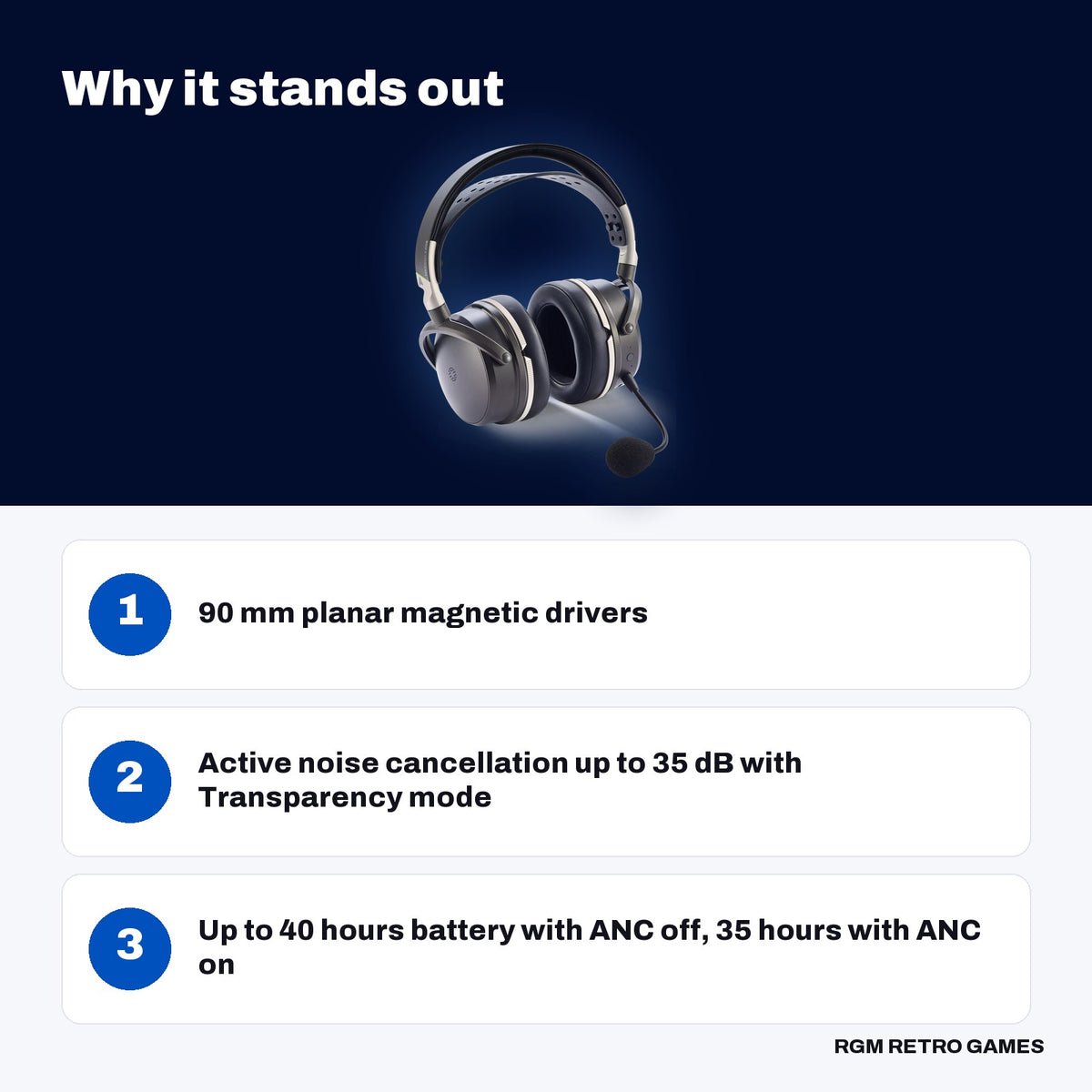 Audeze Maxwell 2 ANC Wireless Gaming Headset - PlayStation key features: 90 mm planar magnetic drivers, Active noise cancellation up to 35 dB with Transparency mode, Up to 40 hours battery with ANC off, 35 hours with ANC on