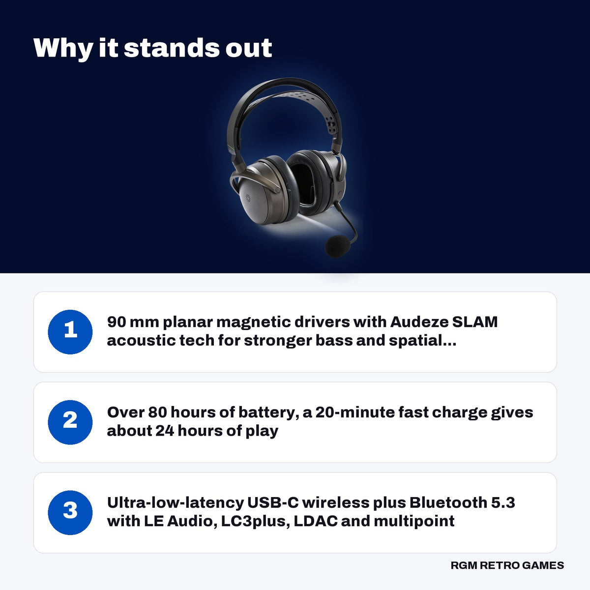Audeze Maxwell 2 Wireless Gaming Headset for PlayStation key features: 90 mm planar magnetic drivers with Audeze SLAM acoustic tech for stronger bass and spatial..., Over 80 hours of battery, a 20-minute fast charge gives about 24 hours of play, Ultra-low-latency USB-C wireless plus Bluetooth 5.3 with LE Audio, LC3plus, LDAC and multipoint