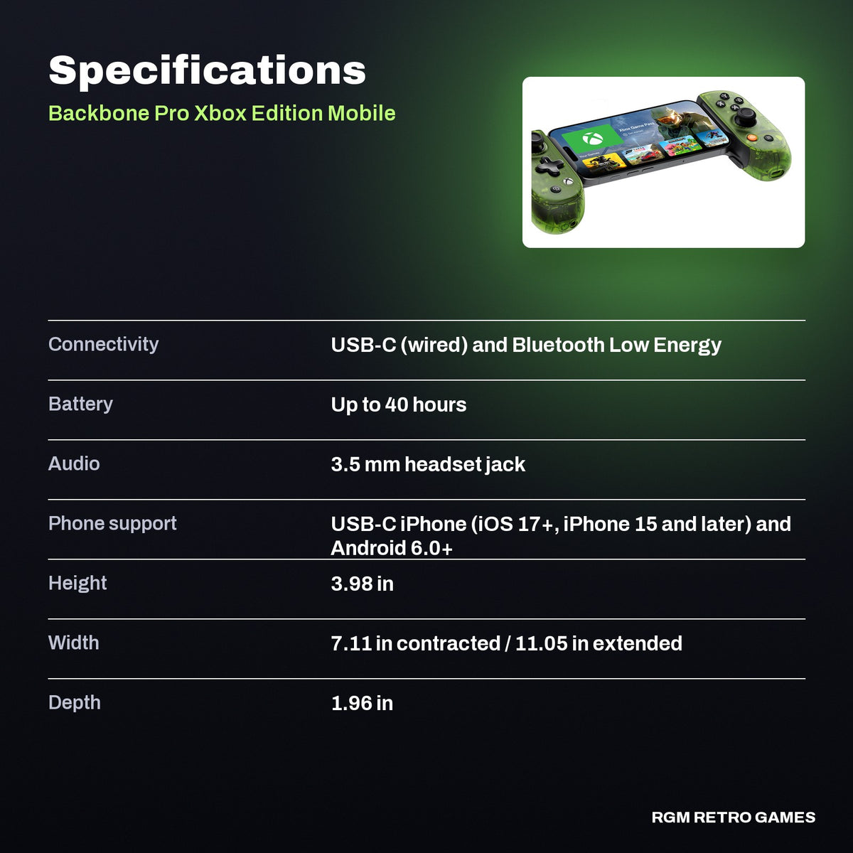 Backbone Pro Xbox Edition Mobile and Wireless Controller (USB-C) - Green specifications