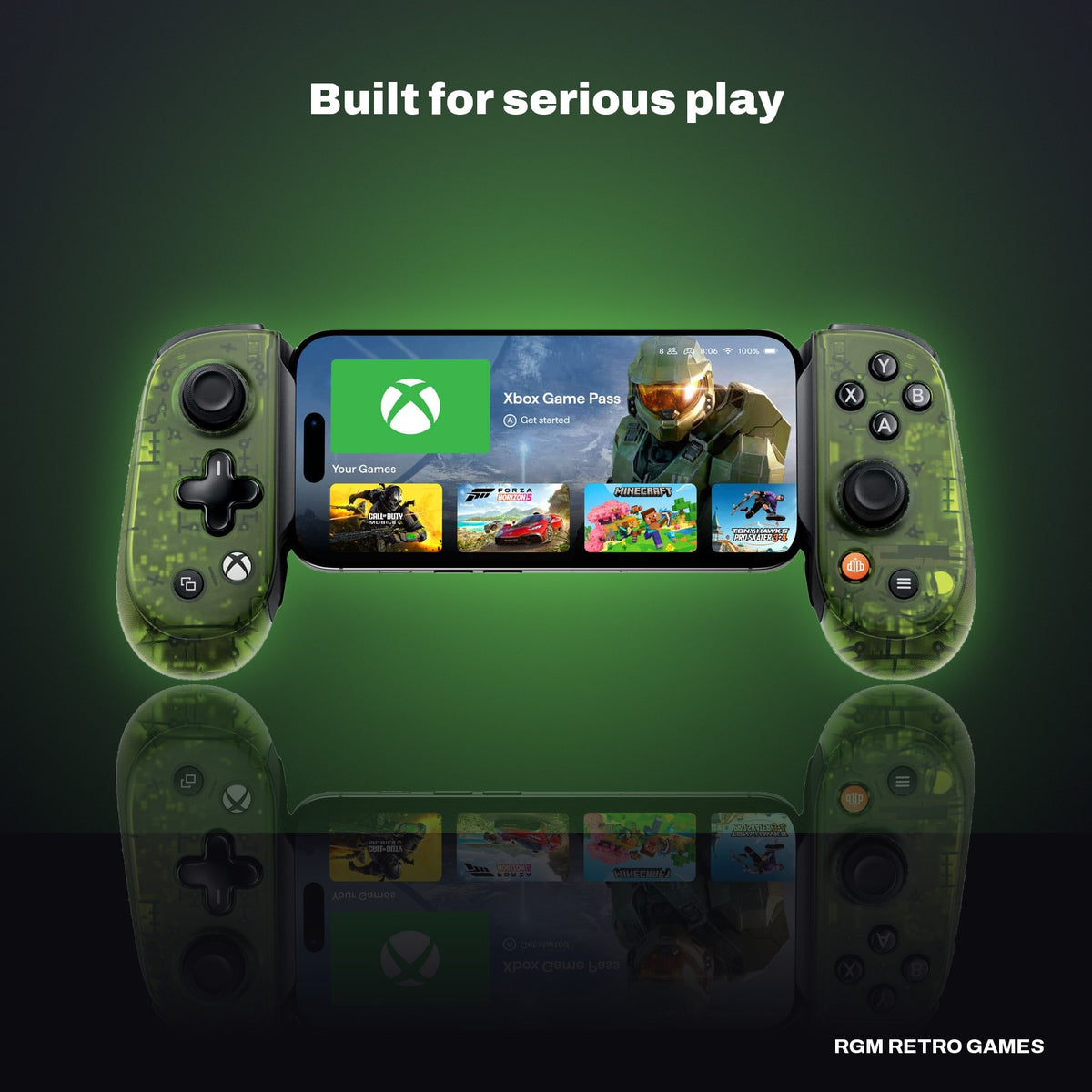 Backbone Pro Xbox Edition Mobile and Wireless Controller (USB-C) - Green in a dark studio setting