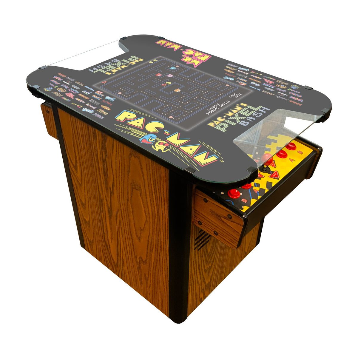 Bandai Namco PAC-MAN's Pixel Bash Home Cocktail Table, Woodgrain (32 Games), front view on a white background