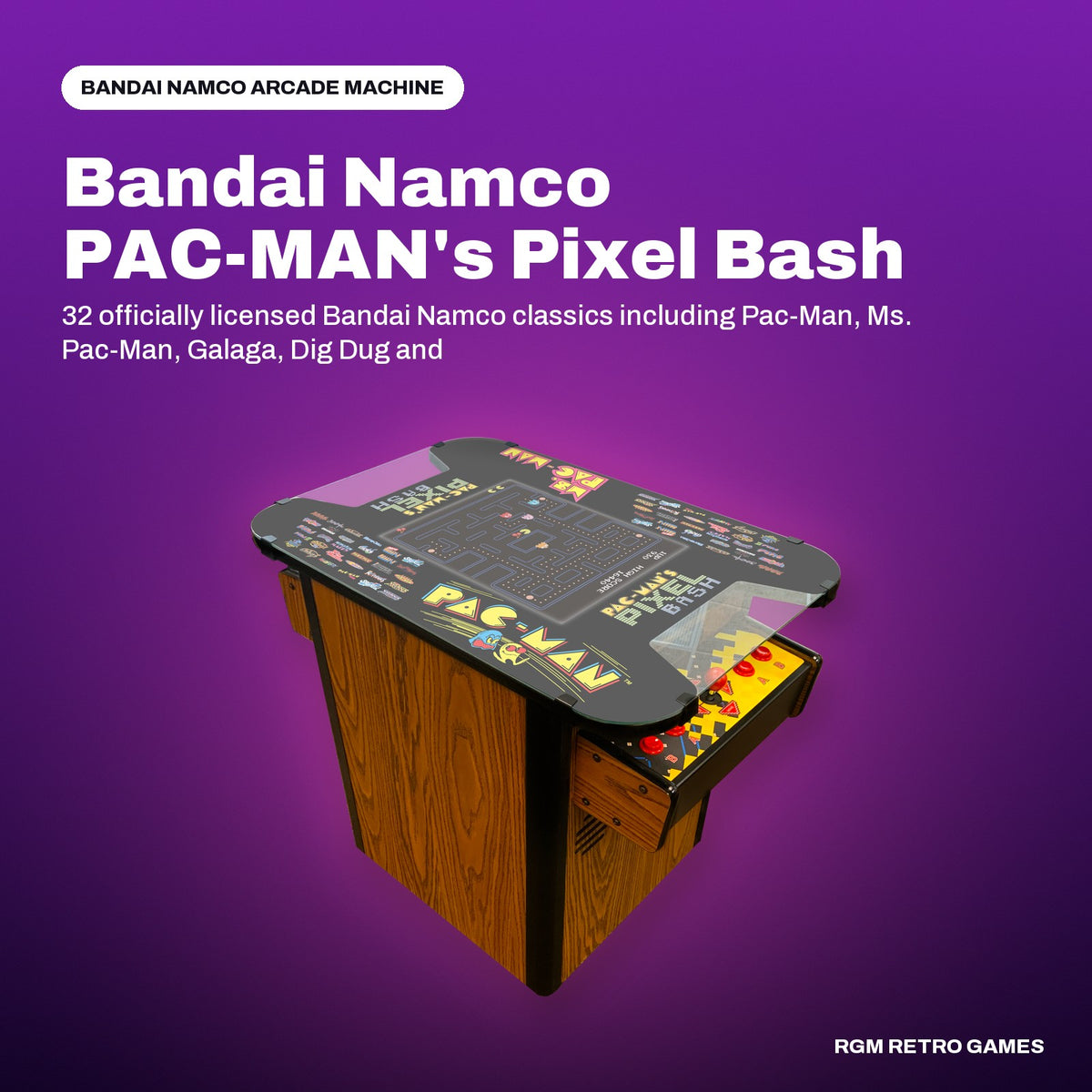 Bandai Namco PAC-MAN's Pixel Bash Home Cocktail Table, Woodgrain (32 Games) in a Bandai Namco color scene