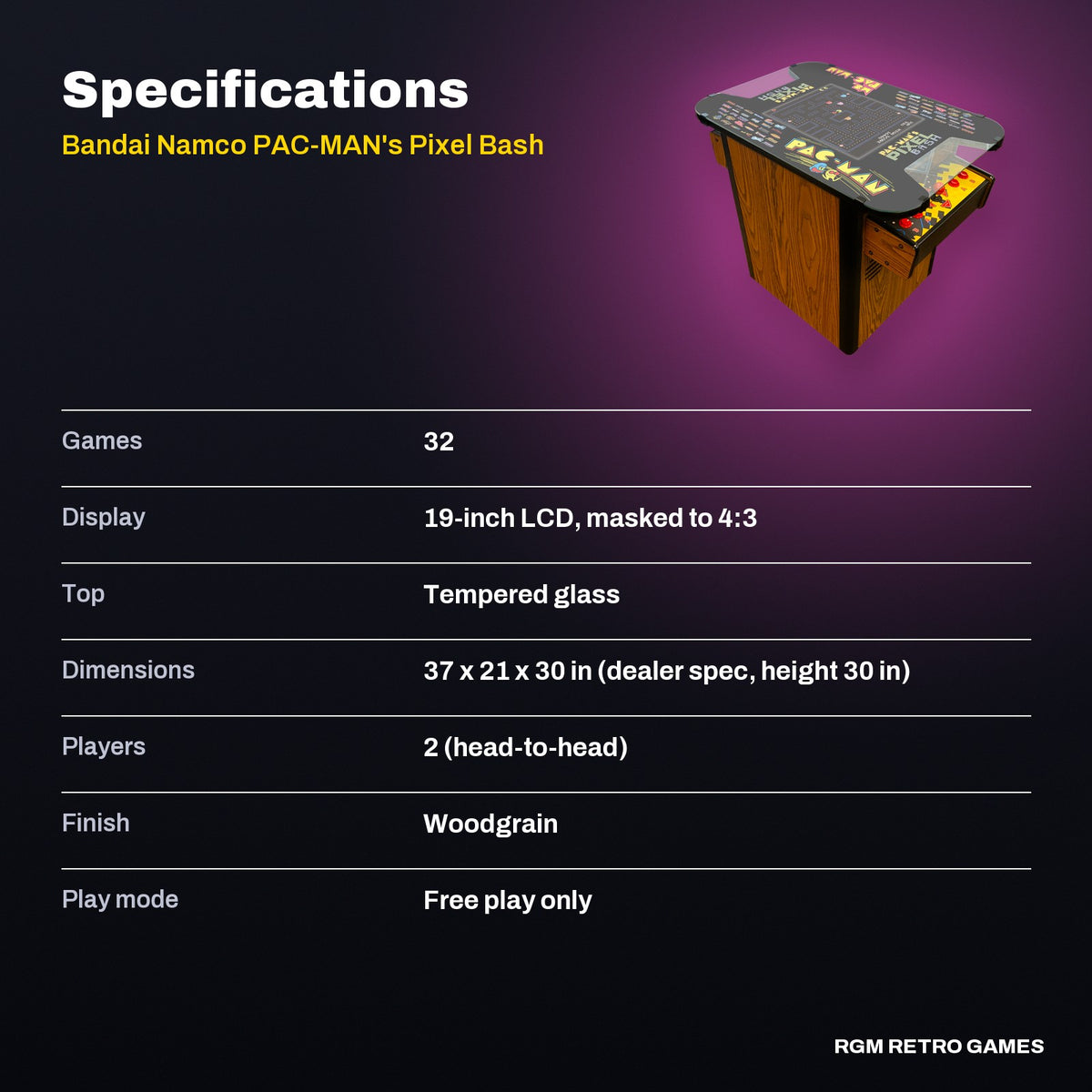 Bandai Namco PAC-MAN's Pixel Bash Home Cocktail Table, Woodgrain (32 Games) specifications