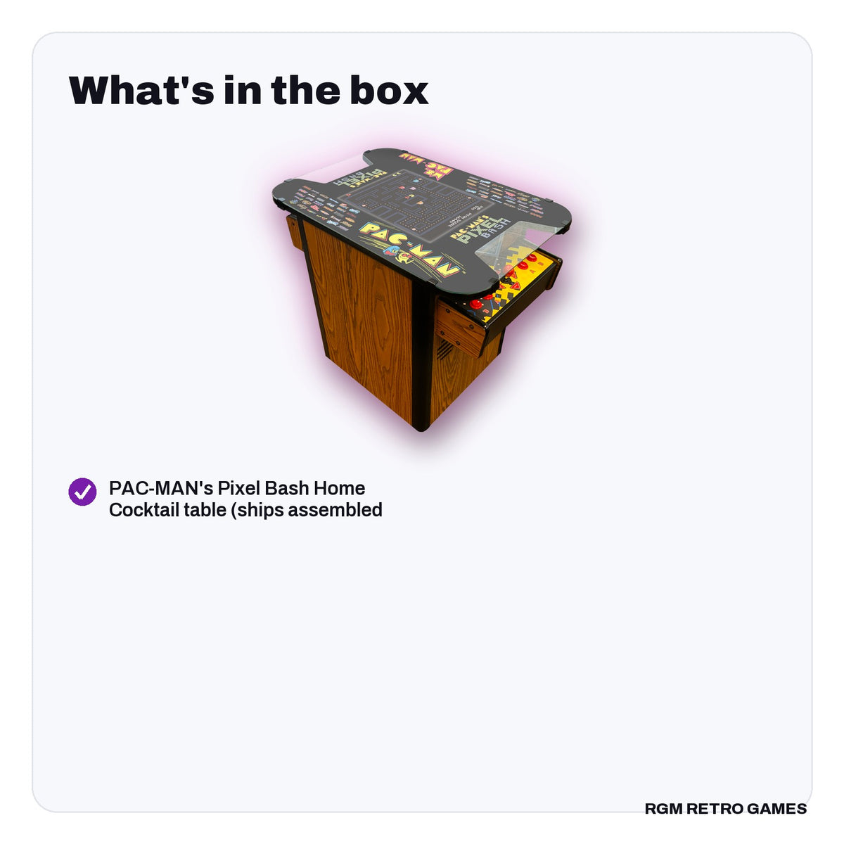 What's in the box with the Bandai Namco PAC-MAN's Pixel Bash Home Cocktail Table, Woodgrain (32 Games)