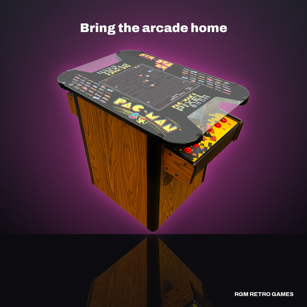 Bandai Namco PAC-MAN's Pixel Bash Home Cocktail Table, Woodgrain (32 Games) in a dark studio setting