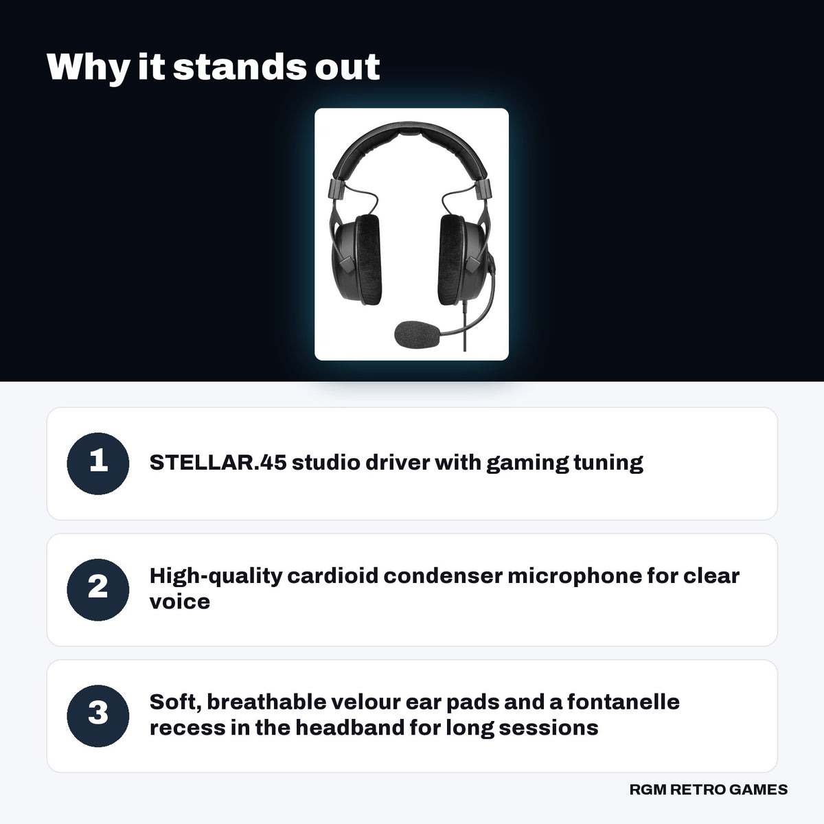 beyerdynamic MMX 300 PRO Wired Gaming Headset key features: STELLAR.45 studio driver with gaming tuning, High-quality cardioid condenser microphone for clear voice, Soft, breathable velour ear pads and a fontanelle recess in the headband for long sessions