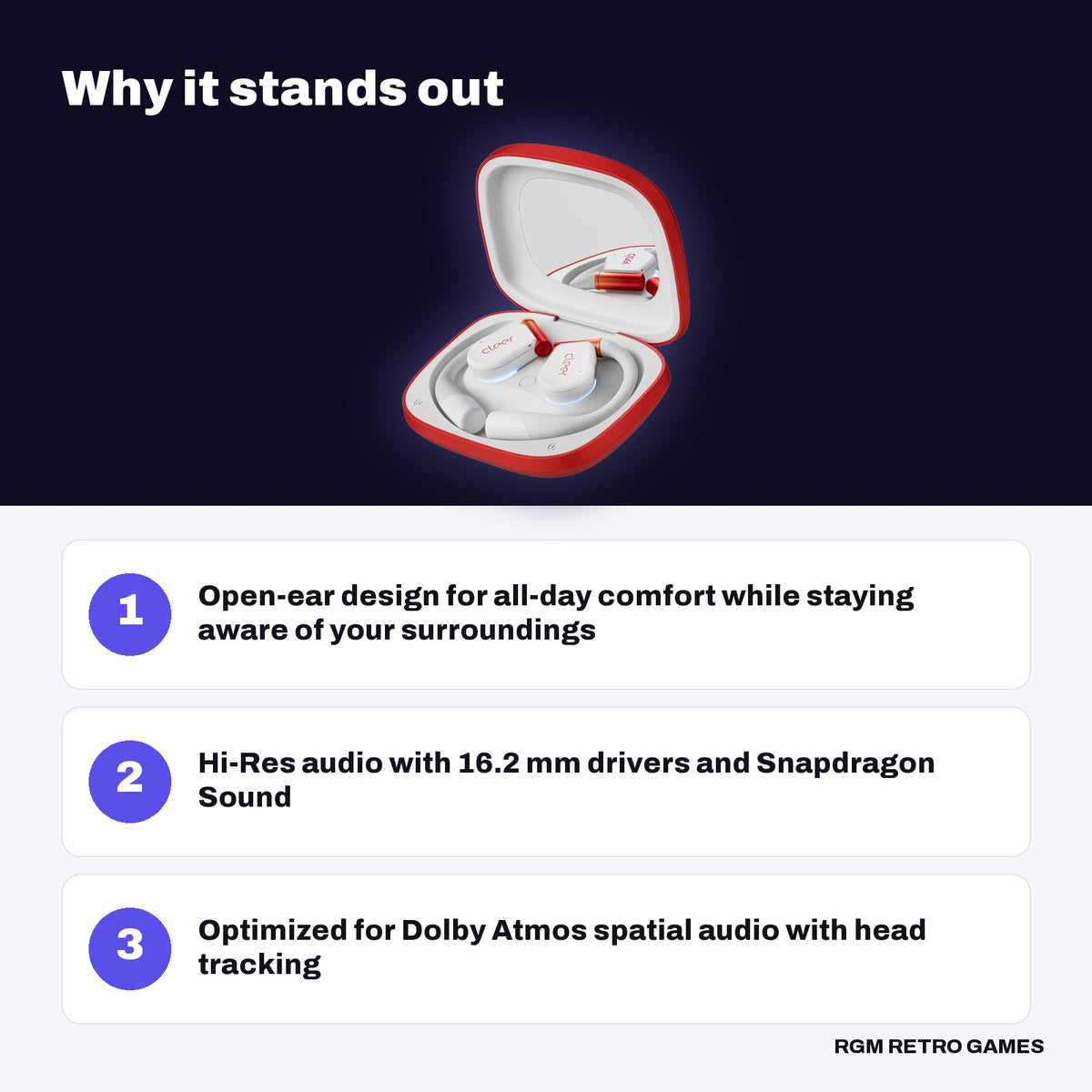 Cleer ARC 3 Gaming True Wireless Open-Ear Gaming Earbuds - White key features: Open-ear design for all-day comfort while staying aware of your surroundings, Hi-Res audio with 16.2 mm drivers and Snapdragon Sound, Optimized for Dolby Atmos spatial audio with head tracking