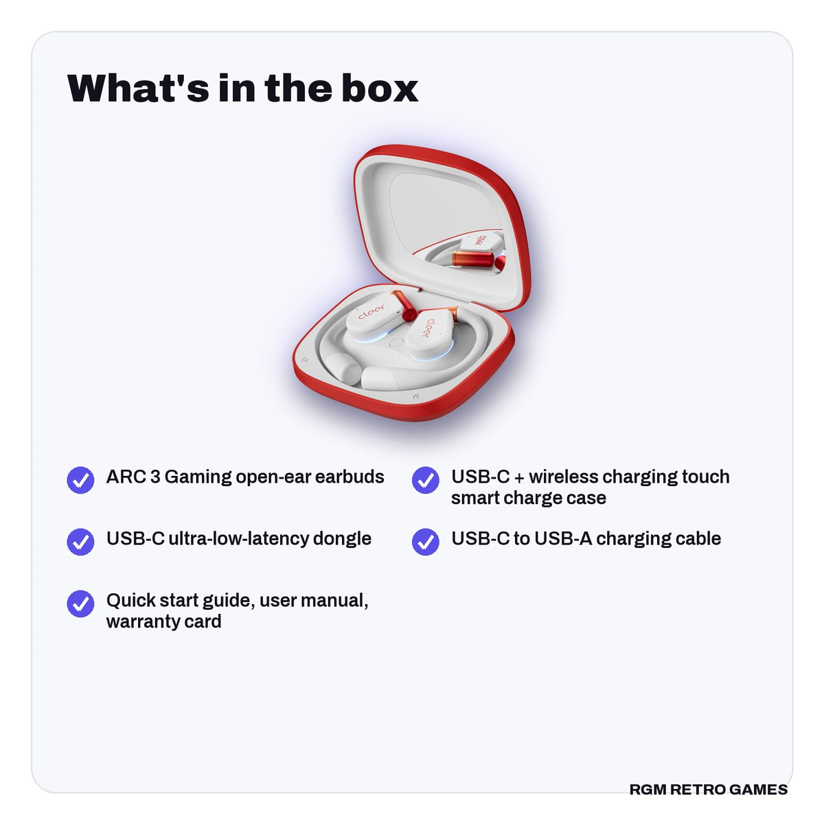 What's in the box with the Cleer ARC 3 Gaming True Wireless Open-Ear Gaming Earbuds - White
