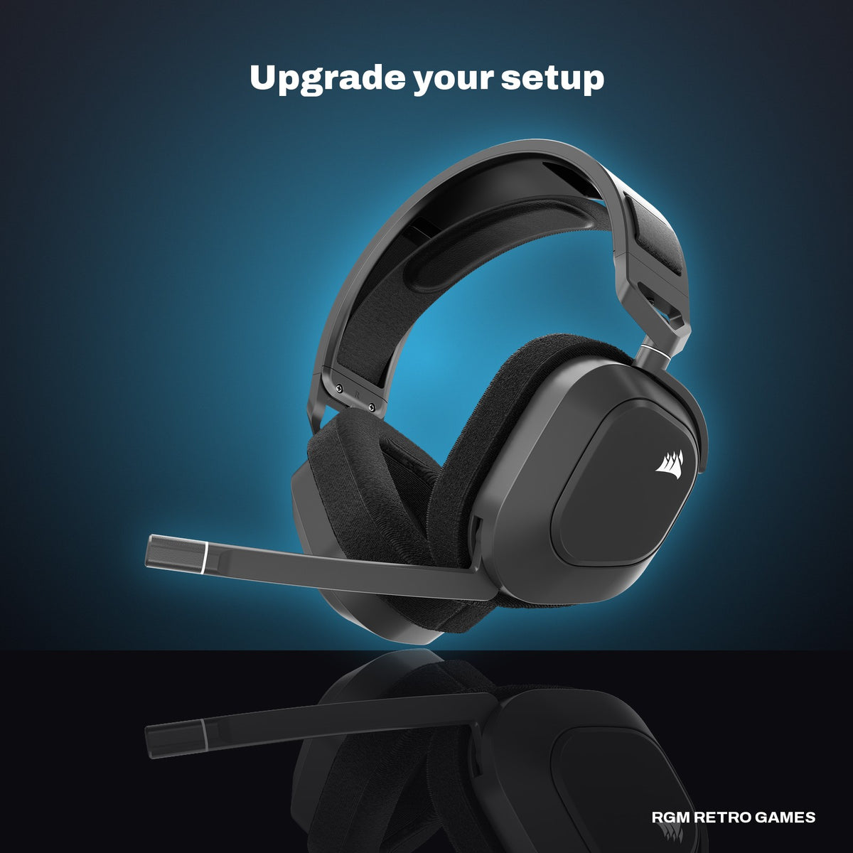 CORSAIR HS80 MAX Wireless Gaming Headset - Steel Gray in a dark studio setting
