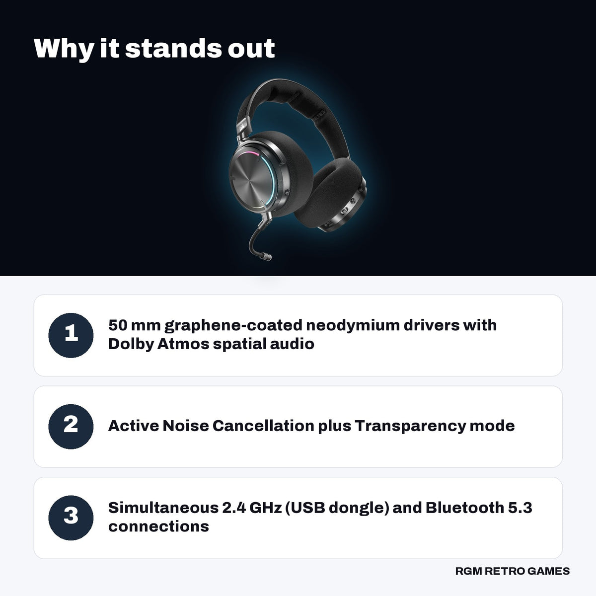CORSAIR VIRTUOSO MAX WIRELESS Gaming Headset - Carbon key features: 50 mm graphene-coated neodymium drivers with Dolby Atmos spatial audio, Active Noise Cancellation plus Transparency mode, Simultaneous 2.4 GHz (USB dongle) and Bluetooth 5.3 connections