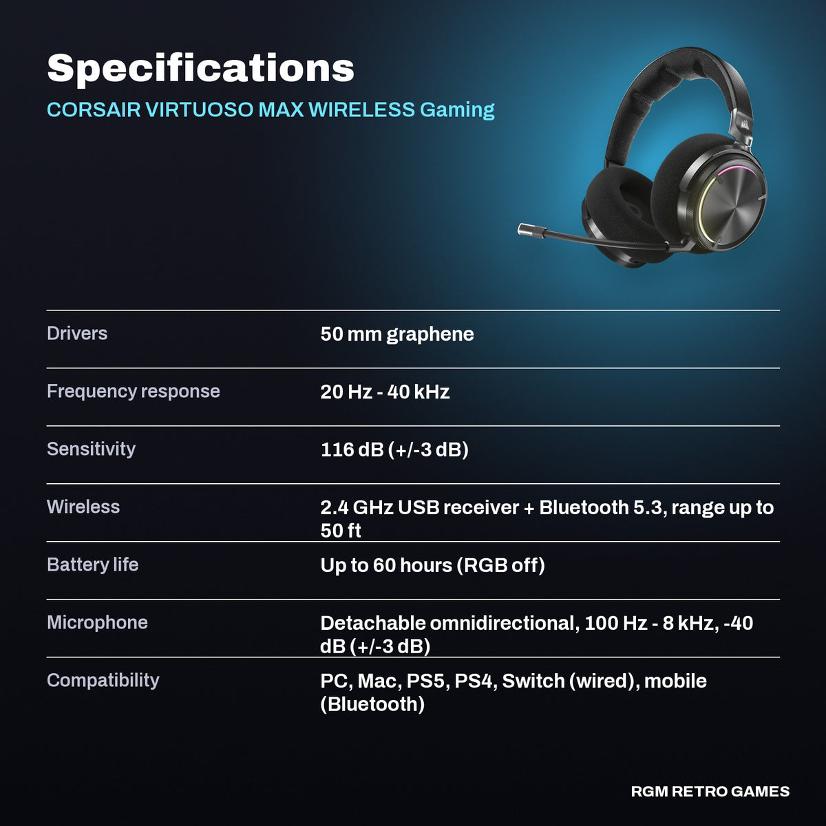 CORSAIR VIRTUOSO MAX WIRELESS Gaming Headset - Carbon specifications