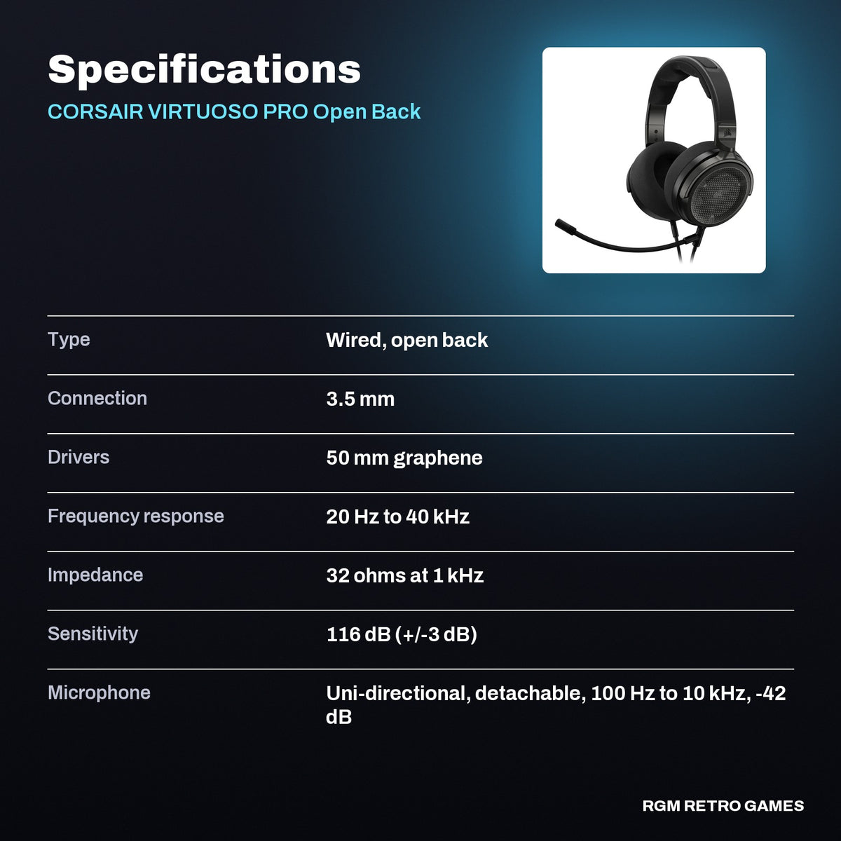 CORSAIR VIRTUOSO PRO Open Back Wired Gaming Headset - Carbon specifications