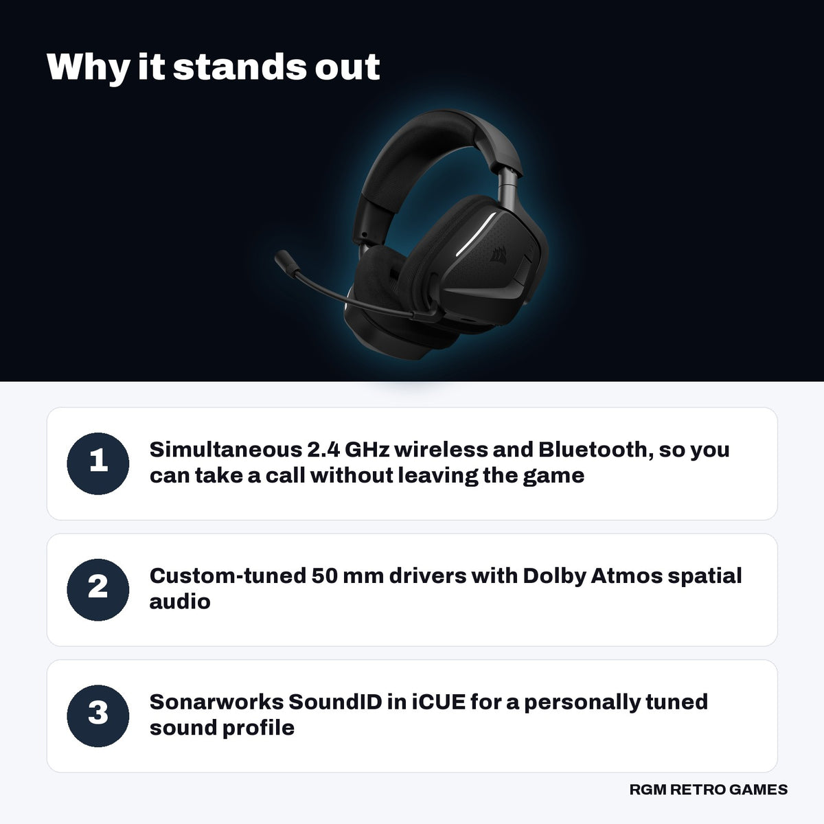 CORSAIR VOID v2 MAX Wireless Gaming Headset - Carbon key features: Simultaneous 2.4 GHz wireless and Bluetooth, so you can take a call without leaving the game, Custom-tuned 50 mm drivers with Dolby Atmos spatial audio, Sonarworks SoundID in iCUE for a personally tuned sound profile