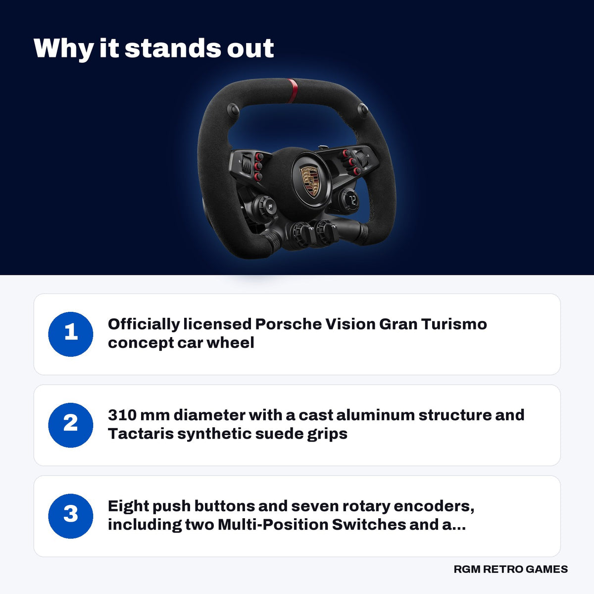 Fanatec CSL Elite Steering Wheel Porsche Vision GT key features: Officially licensed Porsche Vision Gran Turismo concept car wheel, 310 mm diameter with a cast aluminum structure and Tactaris synthetic suede grips, Eight push buttons and seven rotary encoders, including two Multi-Position Switches and a...
