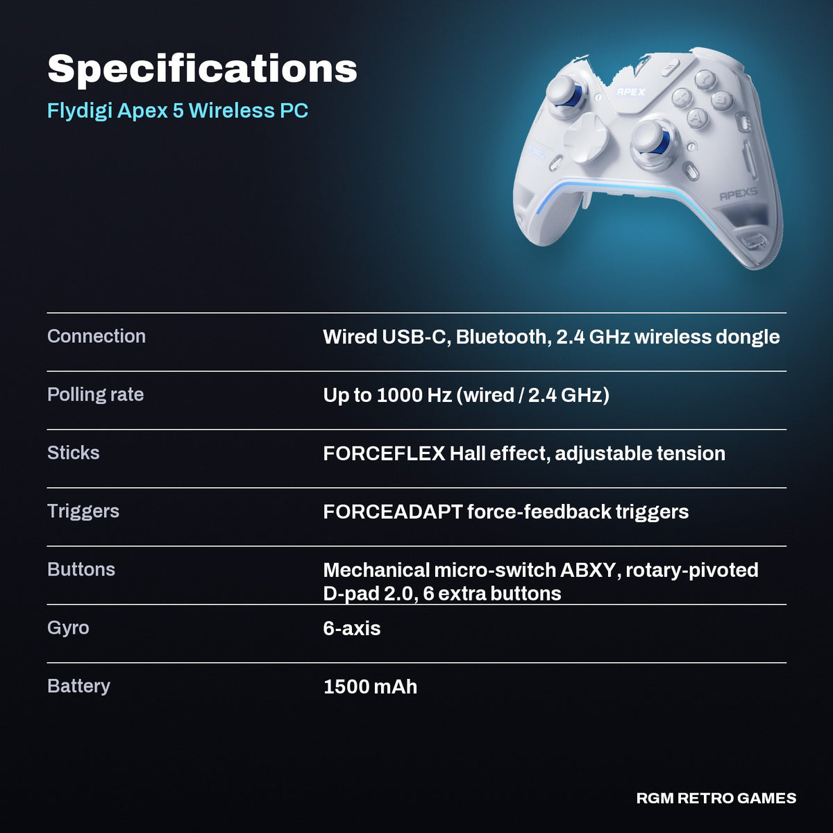 Flydigi Apex 5 Wireless PC Controller specifications