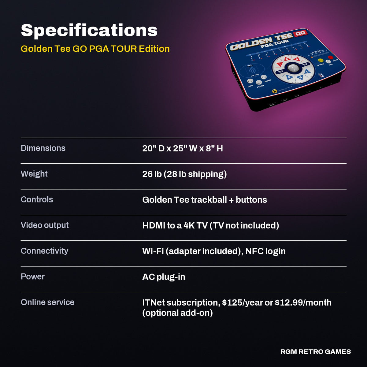 Golden Tee GO PGA TOUR Edition specifications