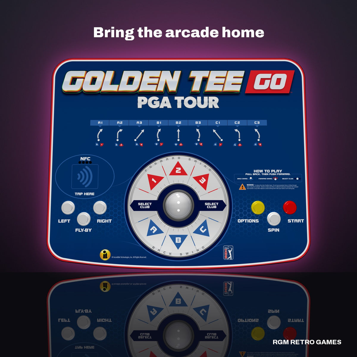 Golden Tee GO PGA TOUR Edition in a dark studio setting