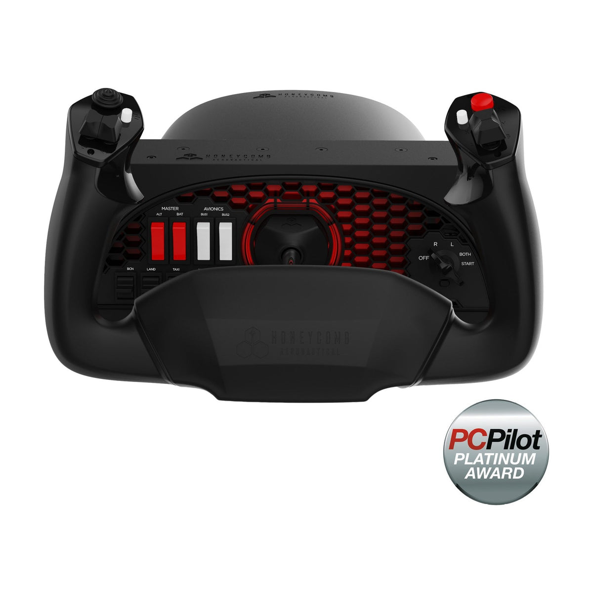 Honeycomb Alpha Flight Controls Yoke & Switch Panel, front view on a white background