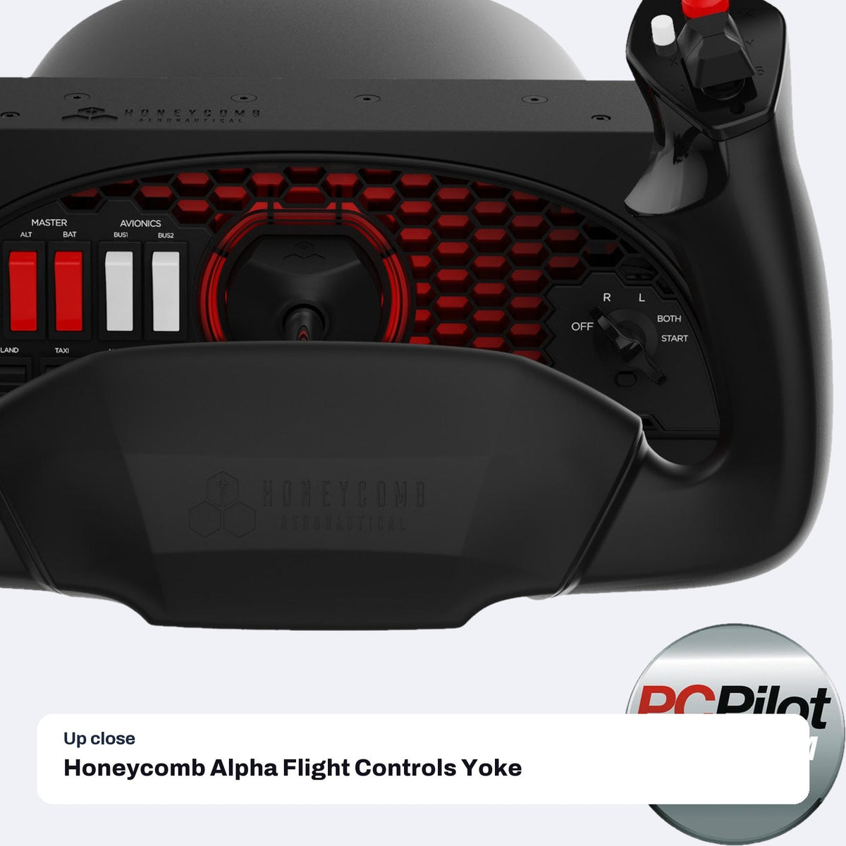 Honeycomb Alpha Flight Controls Yoke & Switch Panel, close-up detail