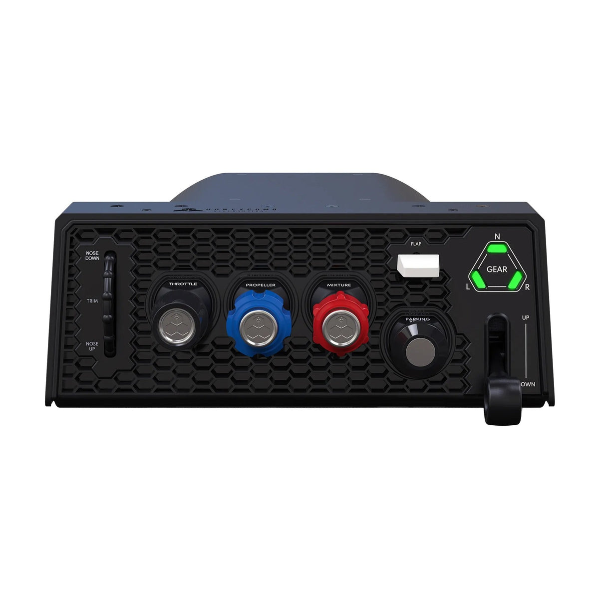 Honeycomb Sierra TPM Module (Throttle, Prop and Mixture Quadrant), front view on a white background