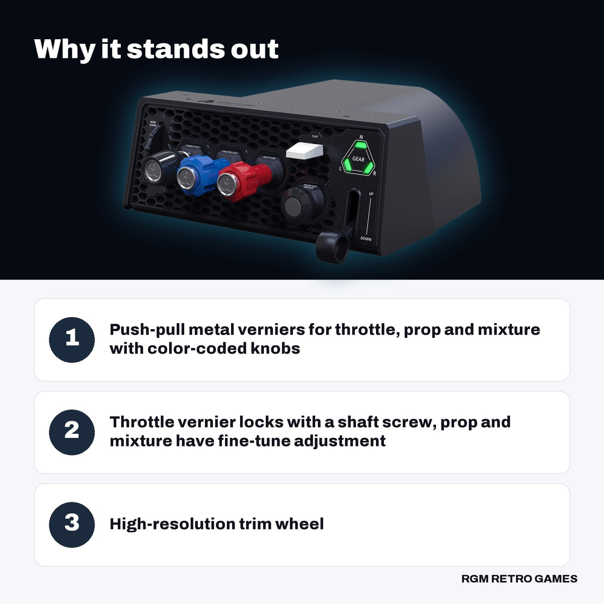 Honeycomb Sierra TPM Module (Throttle, Prop and Mixture Quadrant) key features: Push-pull metal verniers for throttle, prop and mixture with color-coded knobs, Throttle vernier locks with a shaft screw, prop and mixture have fine-tune adjustment, High-resolution trim wheel