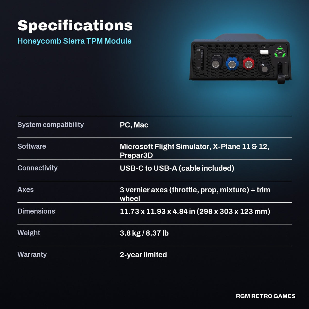 Honeycomb Sierra TPM Module (Throttle, Prop and Mixture Quadrant) specifications