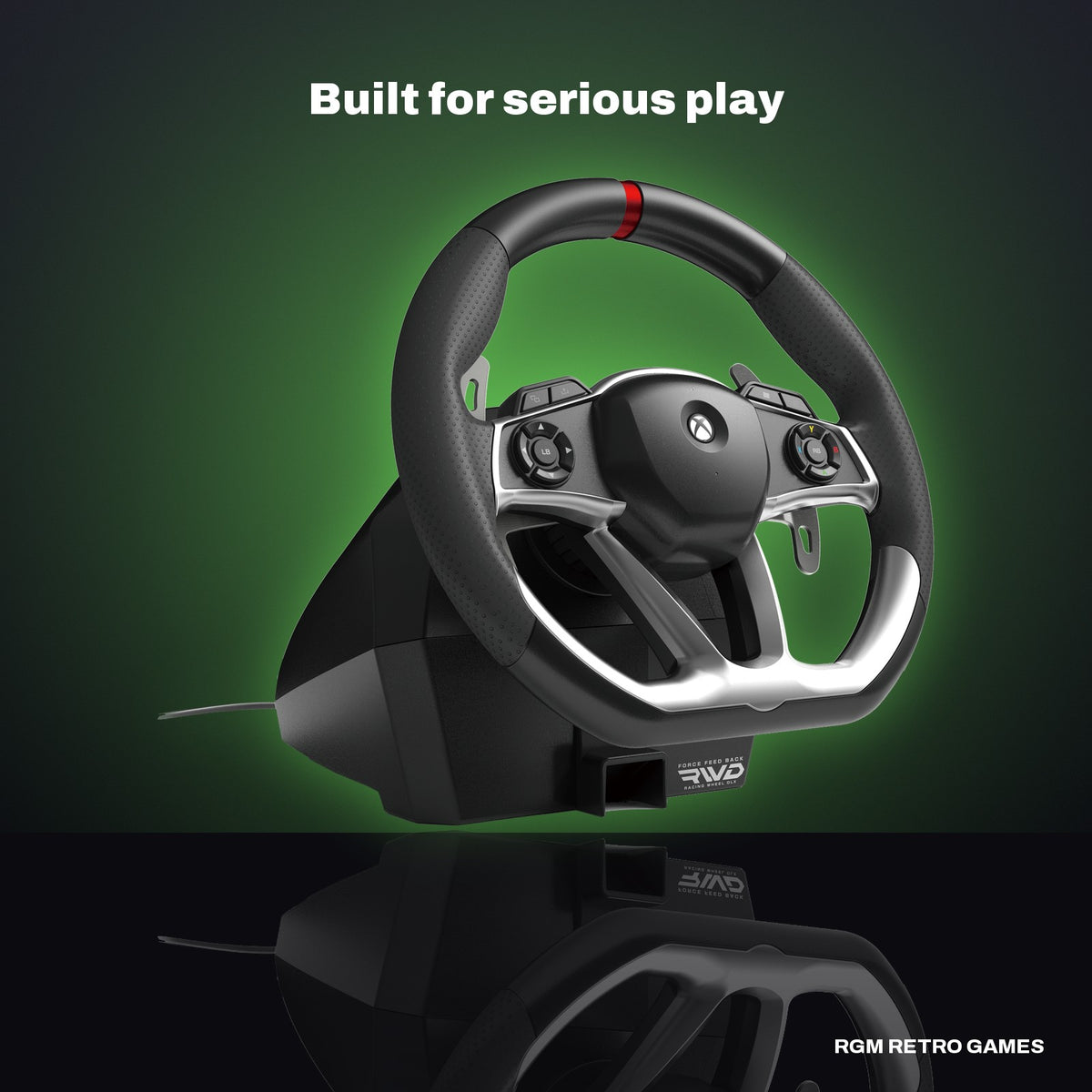HORI Force Feedback Racing Wheel DLX Designed for Xbox Series X|S / Xbox One in a dark studio setting