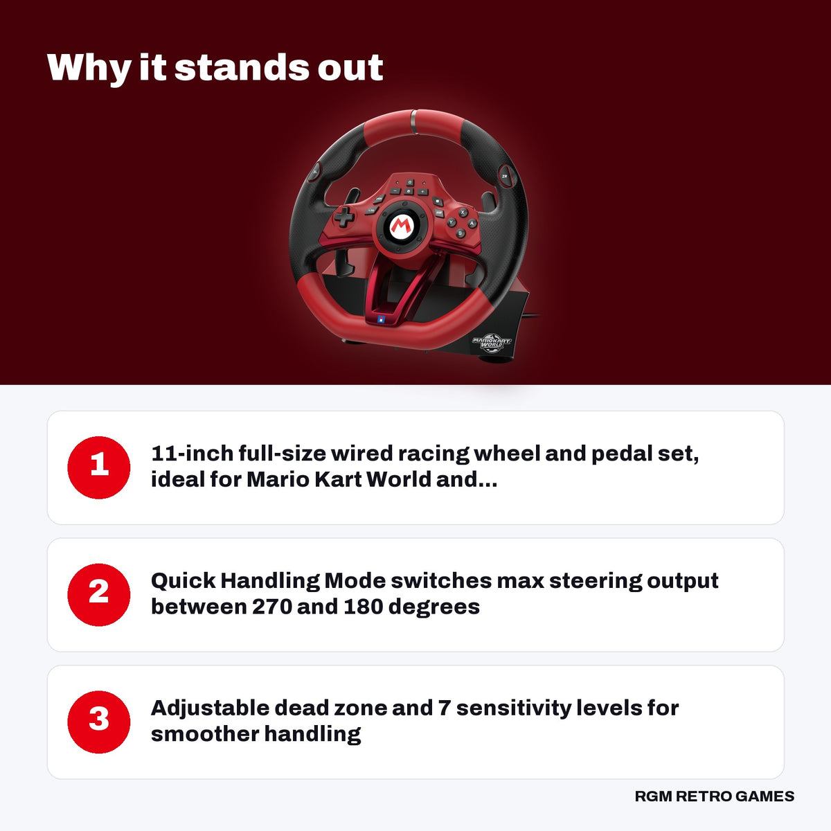 HORI Mario Kart Racing Wheel Pro Deluxe for Nintendo Switch 2 key features: 11-inch full-size wired racing wheel and pedal set, ideal for Mario Kart World and..., Quick Handling Mode switches max steering output between 270 and 180 degrees, Adjustable dead zone and 7 sensitivity levels for smoother handling