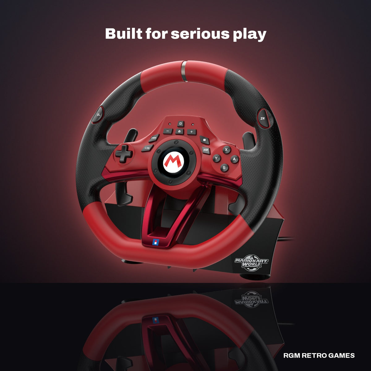 HORI Mario Kart Racing Wheel Pro Deluxe for Nintendo Switch 2 in a dark studio setting